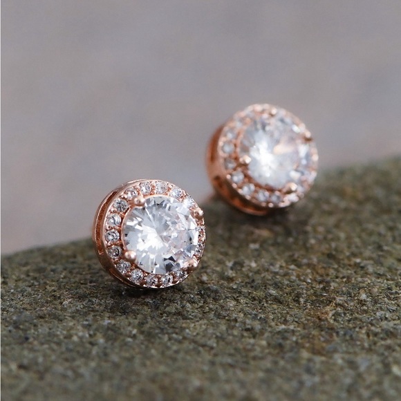 Clear Glass Crystal Dainty Rose Gold Plated Stud Earrings - Picture 6 of 7